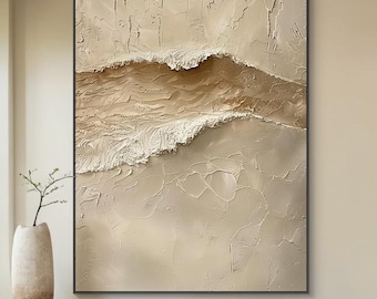 Brown Ocean Wave Abstract Painting, 3D Textured Wabi Sabi Canvas Wall Art, Minimalist Living Room Decor