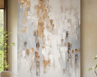 Gold and Beige Abstract Painting, Minimalist Wabi Sabi Wall Art, Large Textured Canvas Art for Home Decor