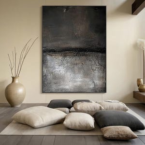 Black abstract handmade oil painting - off-white minimalist wabi-sabi wall painting, off-white abstract art, modern living room decoration