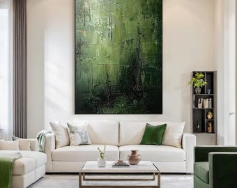 Large Green Abstract Handmade Oil Painting - Green Minimalist Wall Art, Green Abstract Art, Modern Living Room Decor, Home Decor