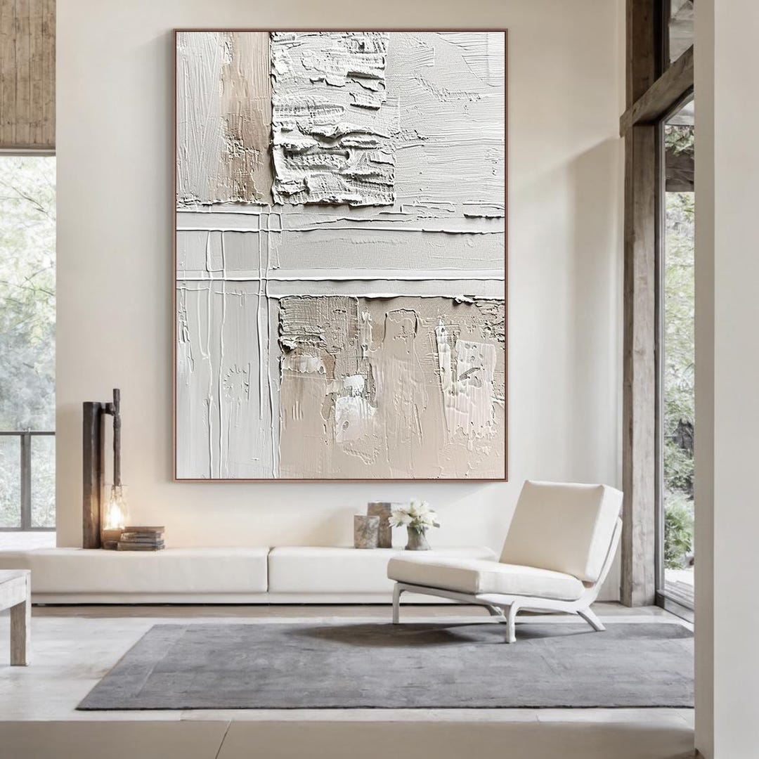 Large Neutral Textured Abstract Painting on Canvas, Minimalist White ...