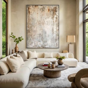 Large tan minimalist wabi-sabi wall art, off-white textured abstract oil painting, tan abstract art, modern living room decor