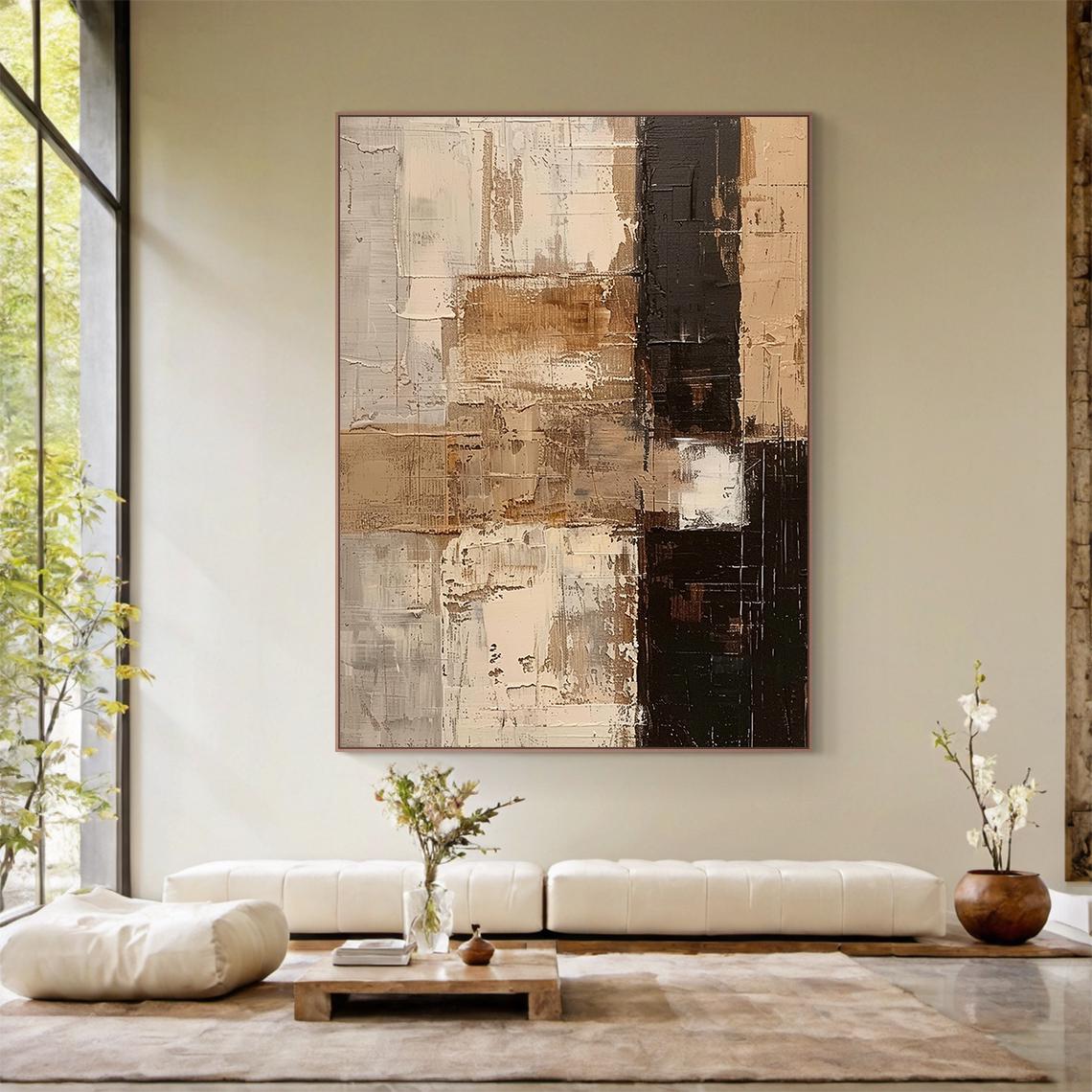 Large Neutral Abstract Wall Art - Modern Brown Beige Black Oil Painting ...