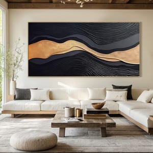 Black minimalist wabi-sabi wall art, gold textured abstract painting, black abstract art, modern stylish living room decor