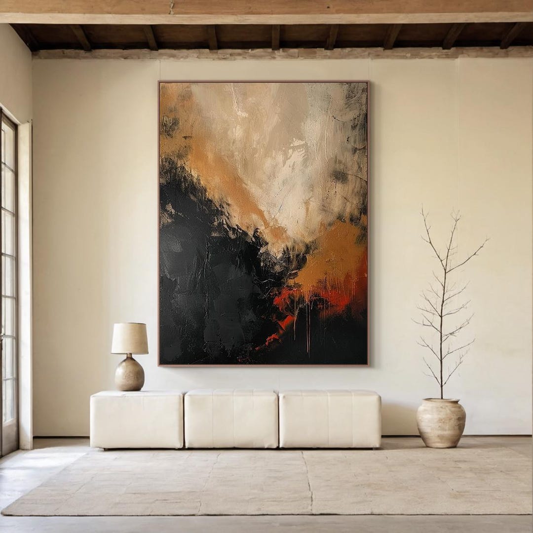 Large Abstract Oil Painting on Canvas, Black Beige Burnt Orange ...