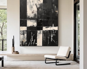 Black abstract oil painting, modern textured wall art, minimalist neutral decorative art.