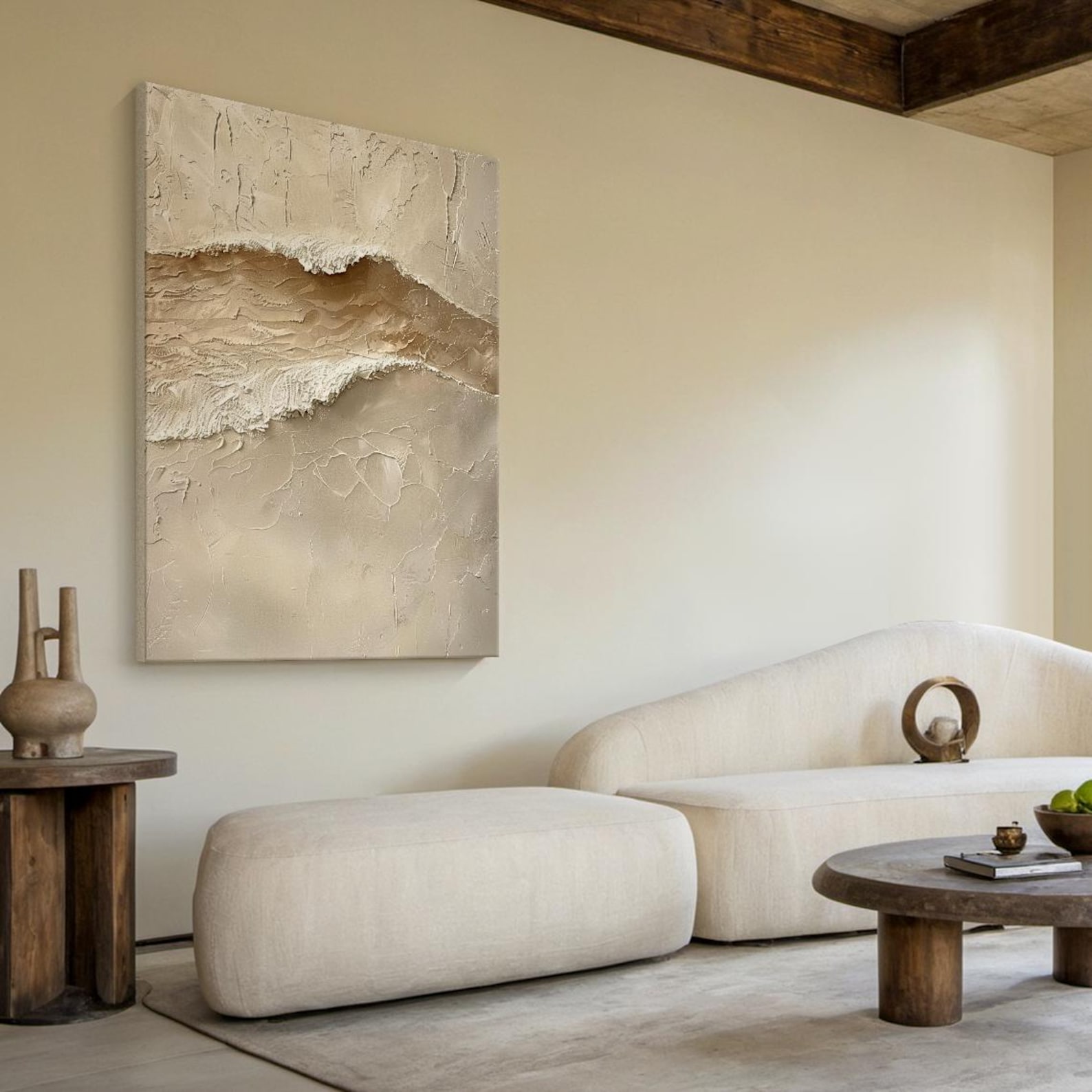 Brown Ocean Wave Abstract Painting, 3D Textured Wabi Sabi Canvas Wall ...