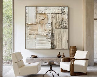 Neutral Beige 3D Texture Abstract Canvas, Minimalist Thick Paint Wall Art for Living Room
