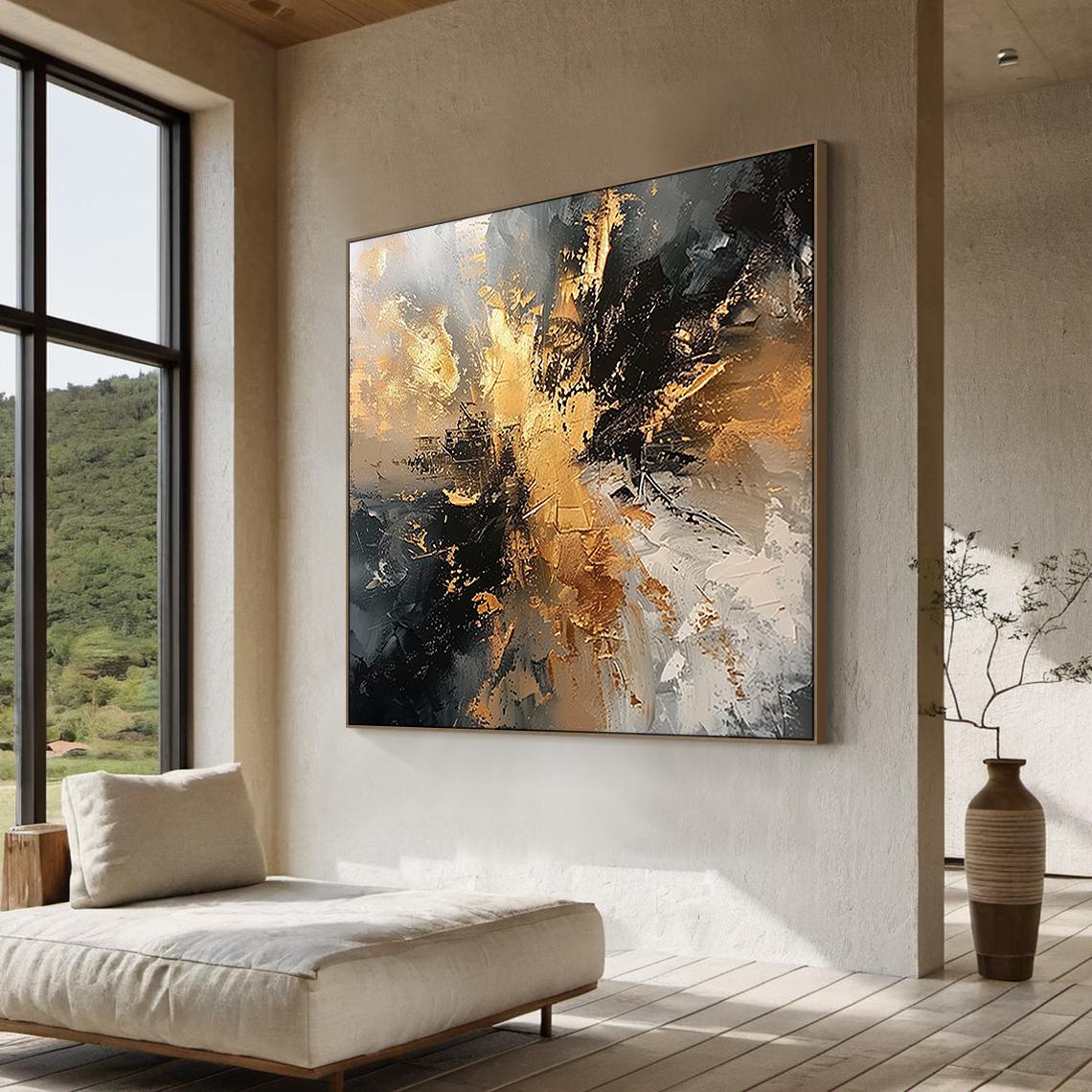Black Abstract Painting Gold Texture Wall Art Framed Wabi-sabi Wall Art ...