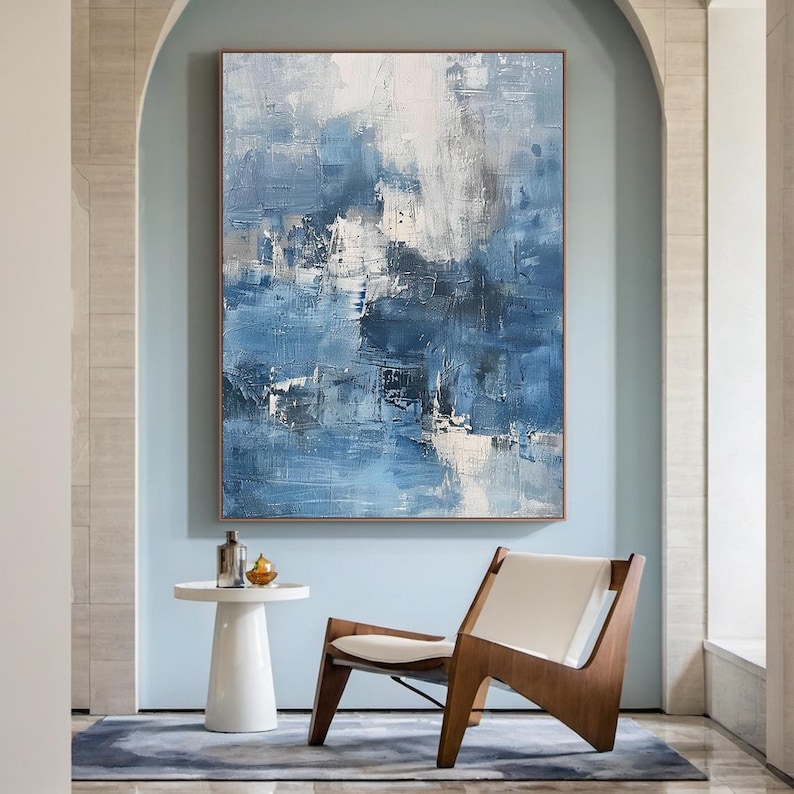 Large Blue Abstract Painting on Canvas, Modern Textured Wall Art for ...