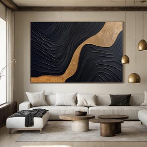 Arte de pared minimalista wabi-sabi negro de gran tamaño, pintura abstracta hecha a mano con textura dorada, arte abstracto negro, decoración de dormitorio moderna
