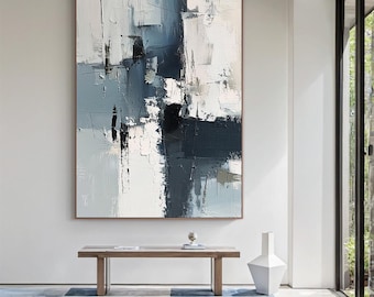 Pintura abstracta azul moderna sobre lienzo, arte de pared texturizado neutro, obra de arte contemporáneo grande pintada a mano para la decoración de la sala de estar.