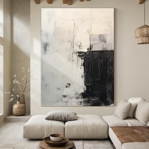 Decoración de pared minimalista blanca, pintura abstracta con textura en blanco y negro, arte de pared wabi-sabi blanco, arte abstracto marrón, decoración de sala de estar