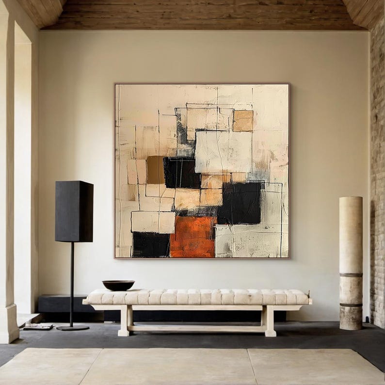 Large Abstract Geometric Oil Painting on Canvas, Modern Neutral Beige ...