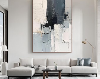 Pintura abstracta moderna sobre lienzo, arte de pared texturizado en azul neutro y gris, gran obra de arte contemporáneo para la decoración de la sala de estar.