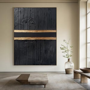 Arte de pared minimalista wabi-sabi negro de gran tamaño, pintura abstracta con textura dorada, arte abstracto negro, decoración de dormitorio moderna y elegante