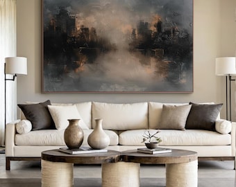 Dark Neutral Abstract Painting, Handmade Textured Canvas Art for Modern Living Room Wall