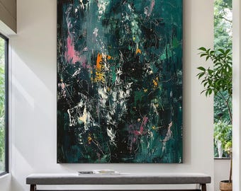 Large Dark Green Abstract Painting, Expressionist Textured Canvas Art, Modern Wall Decor for Living Room