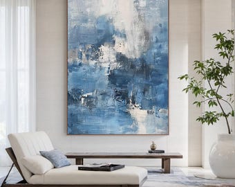 Cuadro abstracto azul de gran tamaño sobre lienzo, arte mural moderno con textura, decoración para sala de estar.