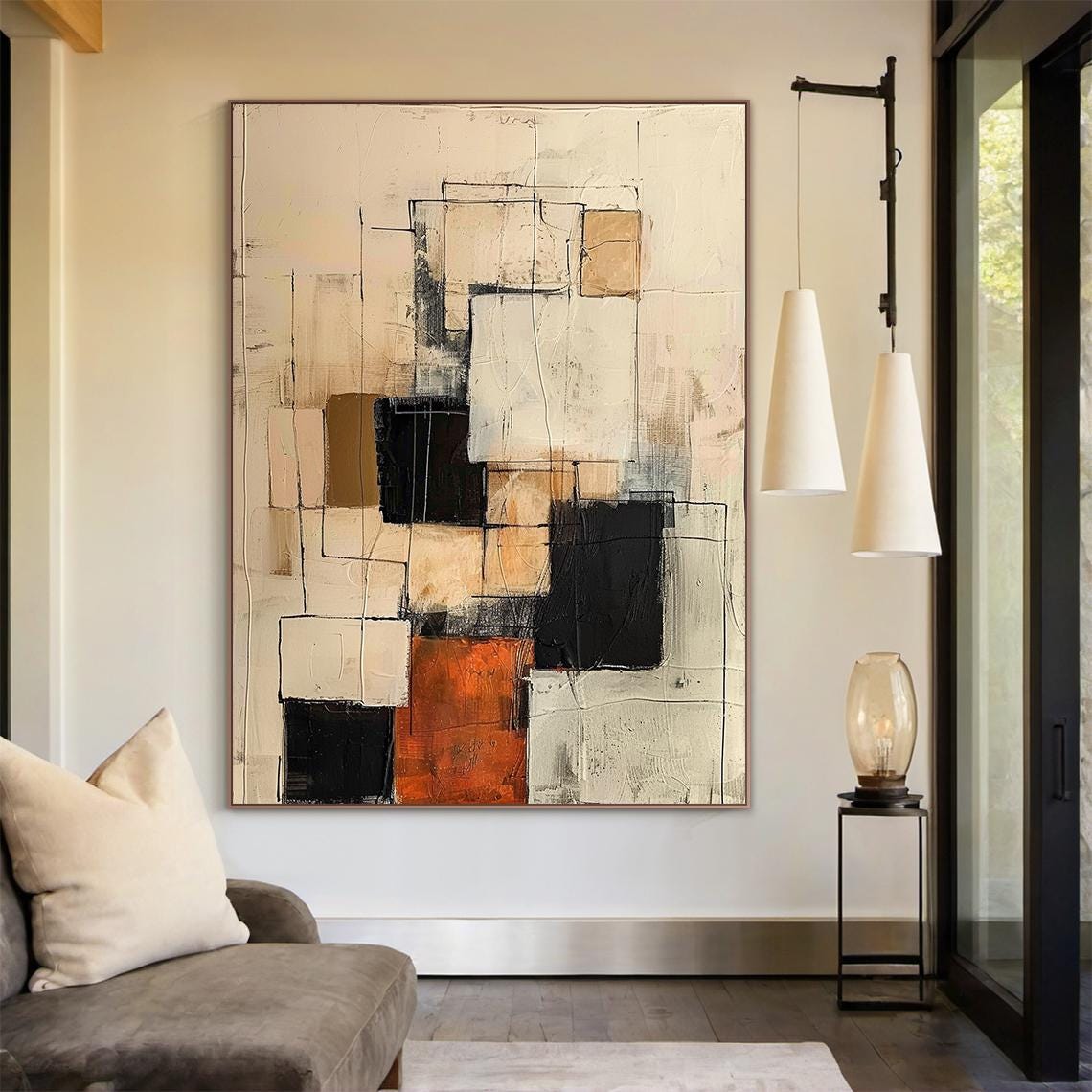 Large Abstract Geometric Oil Painting on Canvas, Modern Neutral Beige ...
