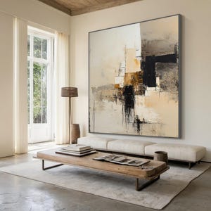 beige minimalist wall decor, black and white textured abstract painting, beige wabi-sabi wall art, brown abstract art, living room decor