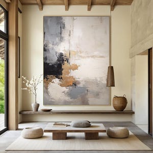 Gran arte de decoración de pared wabi-sabi en blanco y gris, pintura hecha a mano con textura negra y dorada, gran arte de pared abstracto, decoración de sala de estar