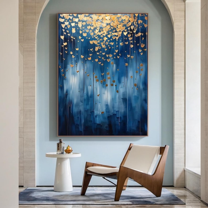 Navy Blue Oil Painting With Gold Accents, Textured Luxury Wall Art ...