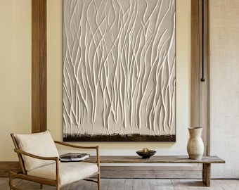 May include: A large abstract painting with a white background and white lines that resemble branches. The painting is hanging on a wall in a room with wooden floors and a wooden bench.