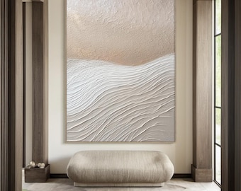 Original beige abstrakt handgjord oljemålning - vit minimalistisk väggkonst, vit abstrakt konst, modern vardagsrumsinredning