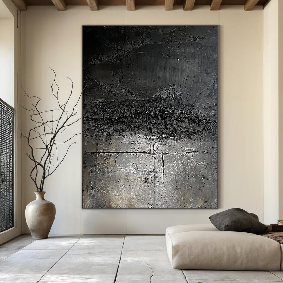 Gray Black Abstract Oil Painting, Wabi Sabi Textured Wall Art, Large ...