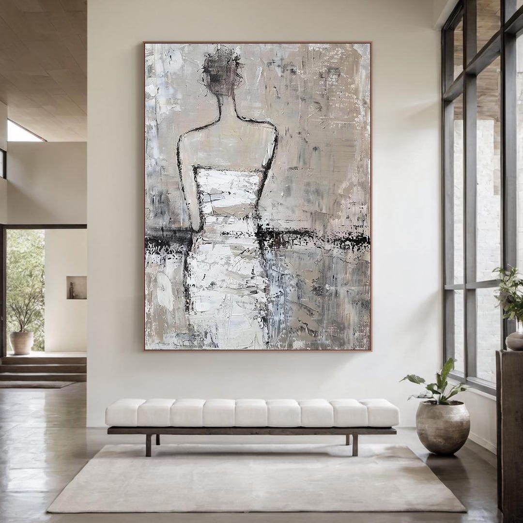 Abstract Woman Figure Oil Painting, Neutral Textured Canvas Wall Art ...
