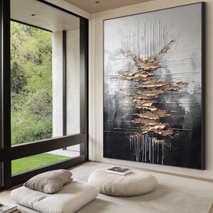 White and grey minimalist wabi-sabi wall painting, gold texture painting, large black abstract painting, modern living room decoration