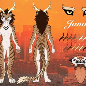 May include: A character reference sheet for a creature named Juno, featuring front and back views of a tiger-like anthropomorphic figure with antlers, dark brown mane, striped fur, and a white chest. Includes eye details and an open mouth view.