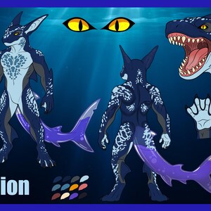 Könnte beinhalten: Ein digitales Charakter-Referenzblatt für eine Kreatur namens Orion, das ein dunkelblaues, anthropomorphes, haiartiges Wesen mit hellblauen Flecken, einem violetten Schwanz, scharfen Zähnen, gelben Augen und einer Schwimmhaut an der Hand zeigt.