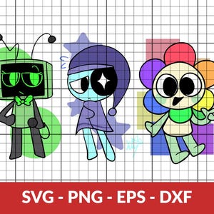 Op de afbeelding: Drie cartoonfiguren, een groene robot met een strik, een blauw en paars personage met een ster op zijn hoofd en een geel bloemenpersonage met regenboogblaadjes. De personages staan op een witte rasterachtergrond.