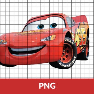 Puede incluir: Un coche de carreras rojo de dibujos animados con una amplia sonrisa y ojos grandes. El coche tiene la palabra "YEAR" en el neumático y el número "95" en el lateral.