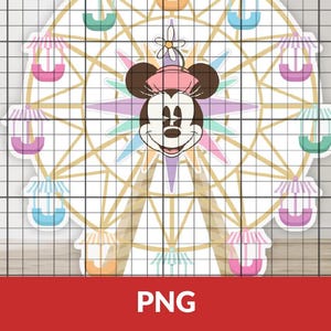 以下が含まれることがあります： カラフルなゴンドラと中央にミッキーマウスの笑顔の顔がある観覧車のデジタルイラスト。画像はパステル調の明るい色使いで、下部に赤い長方形で「PNG」という文字が入っています。