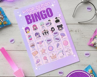 KPop Demon Hunters Bingospel | Utskrivbar digital fil | Rolig K-Pop Partyaktivitet | HUNTR/X Saja Boys Karaktärsbingo