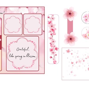 以下が含まれることがあります： ピンク色の花の模様のコレクション。ブックマーク、ステッカー、装飾カードが含まれています。カードにはスカラップエッジと「Grateful, like spring in blossom」のテキストがあります。「Thank you!」の文字も表示されています。