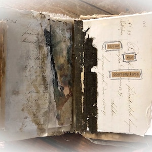 May include: An open journal with pages of old, handwritten text and a dark brown fabric spine. The pages are decorated with brown paper scraps and a few words are cut out and pasted on the page: "those who contemplate".