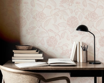 Rose pink floral hydrangea wallpaper on a white background in line drawing style for a girls nursery or traditional grandmillenial home