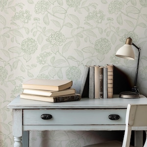 Large scale sage pastel green and white floral hydrangea wallpaper in line drawing style for a preppy nursery or grandmillenial home