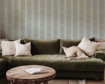 Dark sage green and white rustic organic japandi lines and dots stripe wallpaper for an earthy nursery or boho farmhouse
