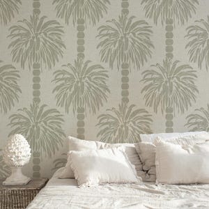 Light soft sage green and white palm trees  on a printed linen burlap woven texture for a Palm Springs bedroom or tropical preppy nursery