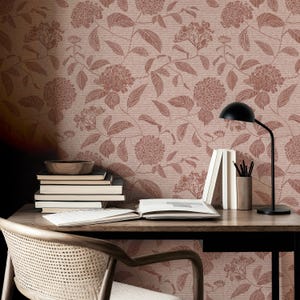 Burgundy red and white floral hydrangea wallpaper in a paper texture for a grandmillenial home,  preppy farmhouse or traditional cottage