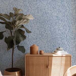 Indigo cobalt denim blue Moroccan Marrakesh coastal  watercolor wave tiles  wallpaper in a mosaic style for a Mediterranean Beach House