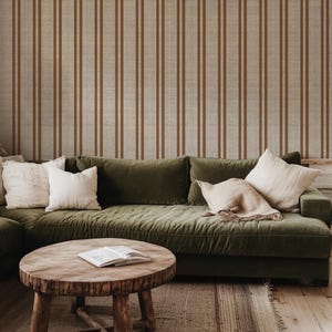 Rust brown and white double vertical stripe wallpaper with printed crosshatch burlap woven texture for a modern farmhouse or man cave