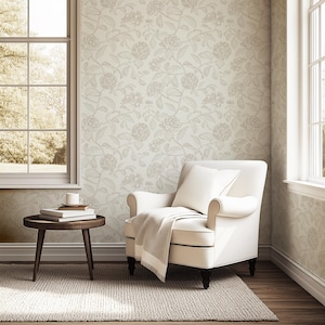 Large beige and white floral hydrangea wallpaper in a line drawing style for a grandmillenial home, preppy farmhouse or neutral nursery
