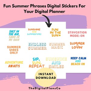 Digital Stickers Set, Summer Phrases, Summer Digital Stickers for Digital Planner, Pre-Cropped PNG Stickers for Goodnotes, PNG Files