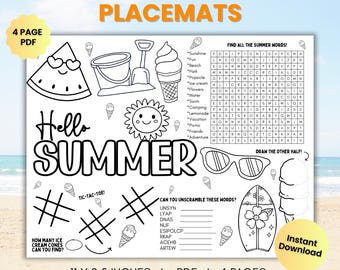 Kids Summer Activity Placemats, Word Search, I Spy, Summer Activity Sheets, Printable Summer Fun Home or Camp, Crafts & Coloring Instant PDF